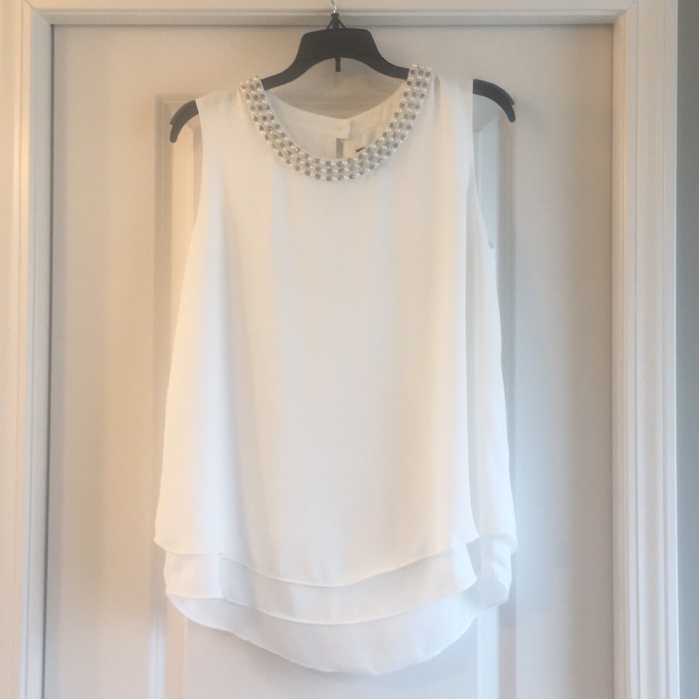 Willi Smith Small Tank Blouse Jeweled Neck White